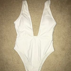 Plunging Neck Solid One Piece White Swimsuit